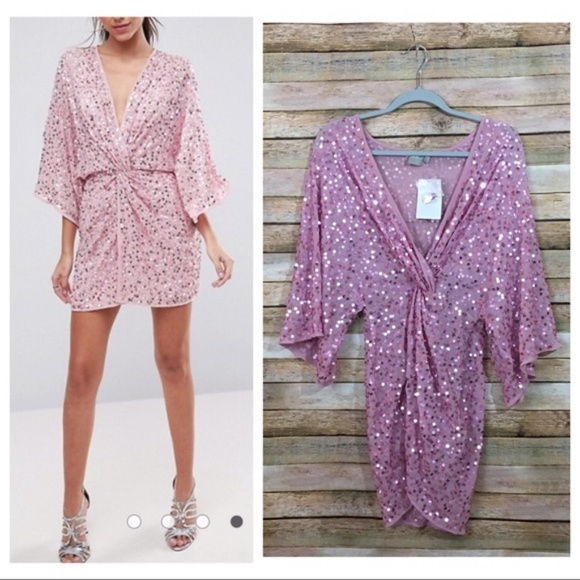 asos design scatter sequin knot front kimono mini dress